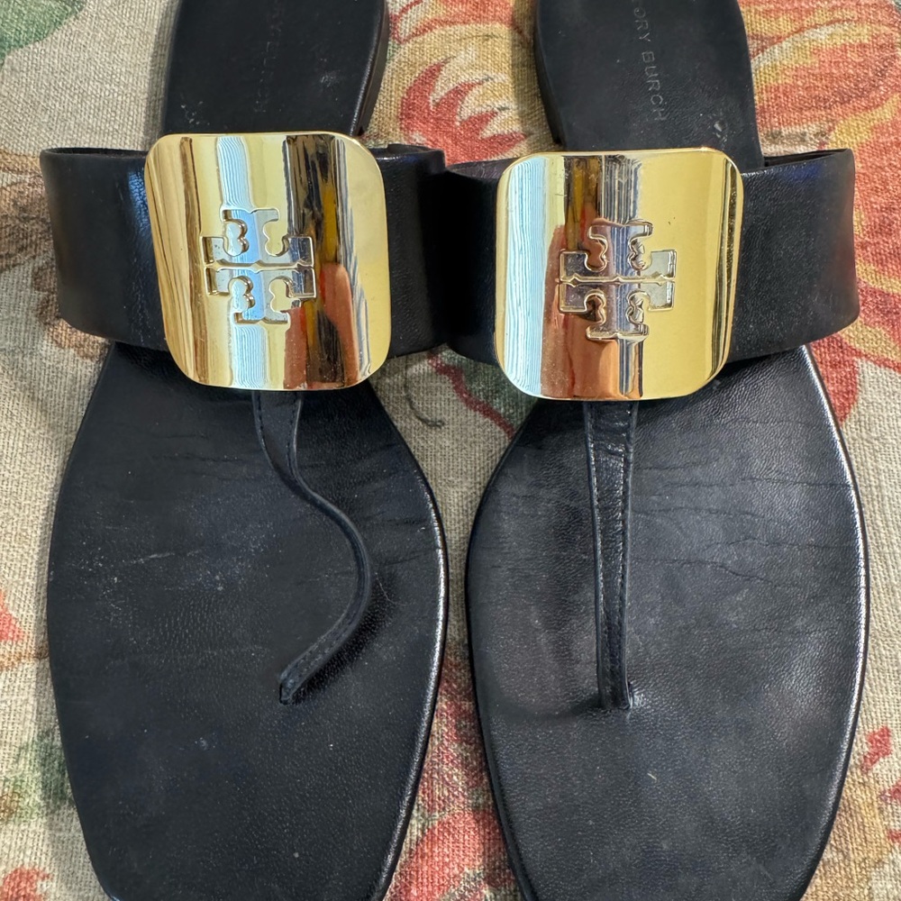 Tory Burch Black Slides with Gold Emblem